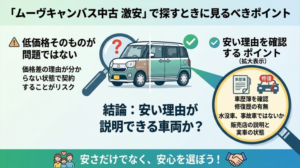 「ムーヴキャンバス中古 激安」で探すときに見るべきポイント
