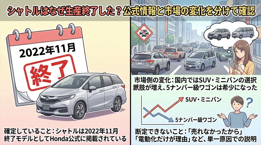 シャトルはなぜ生産終了した？公式情報と市場の変化を分けて確認