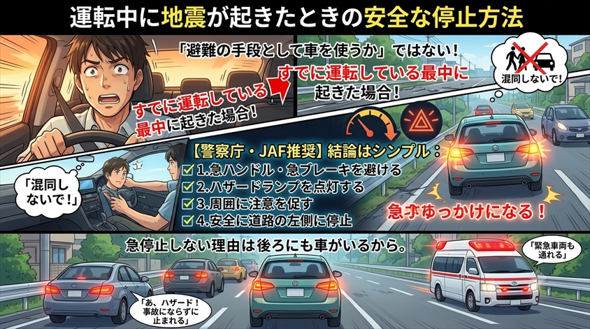 運転中に地震が起きたときの安全な停止方法