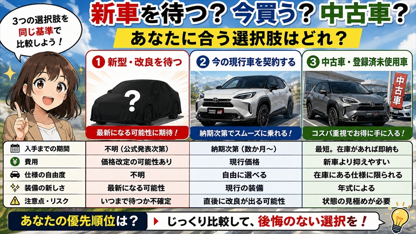 新車を待つ・今の現行車を選ぶ・中古車を検討する|あなたに合う選択肢は?