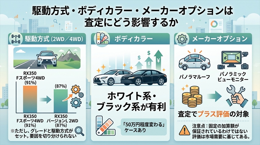 駆動方式・ボディカラー・メーカーオプションは査定にどう影響するか