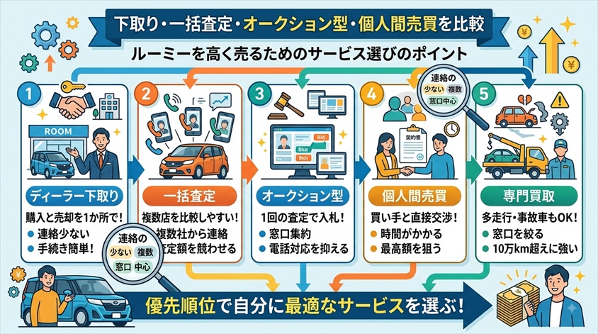 下取り・一括査定・オークション型・個人間売買を比較