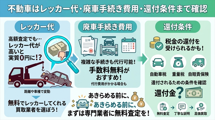 不動車はレッカー代・廃車手続き費用・還付条件まで確認