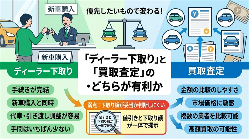 ディーラー下取りと買取査定、どちらが有利か