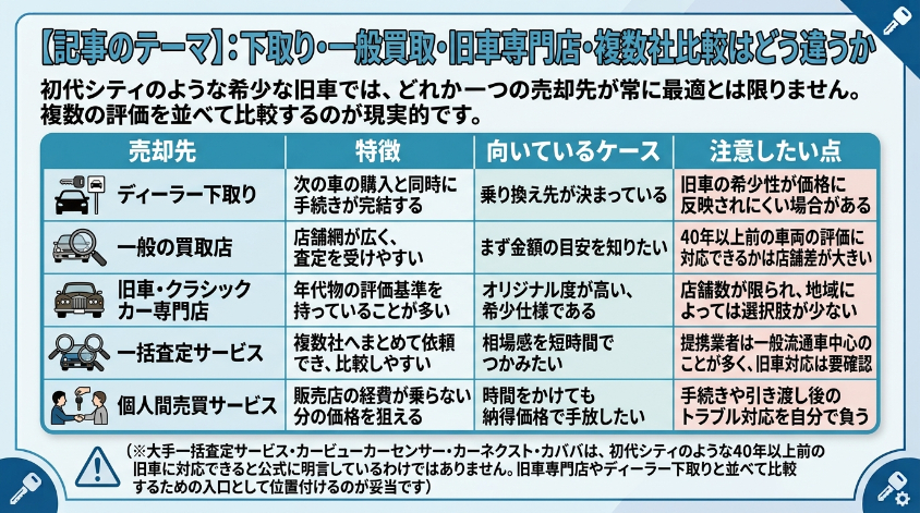 下取り・一般買取・旧車専門店・複数社比較はどう違うか