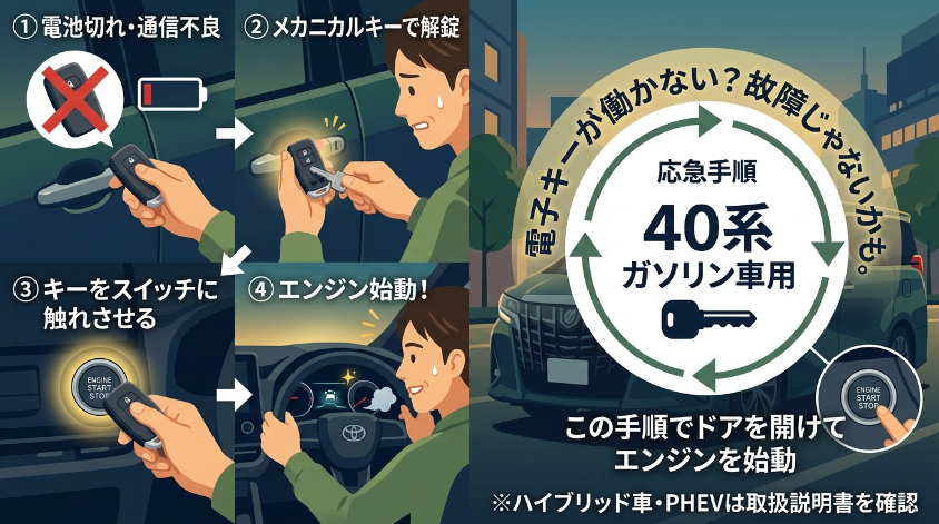 電池切れ・通信不良でもドアを開けてエンジンを始動する方法【非常時対応】