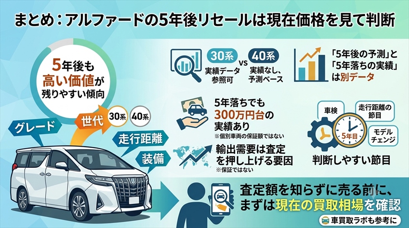 まとめ：アルファードの5年後リセールは現在価格を見て判断