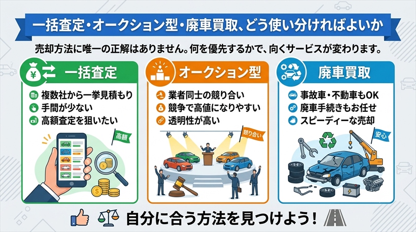 一括査定・オークション型・廃車買取、どう使い分ければよいか