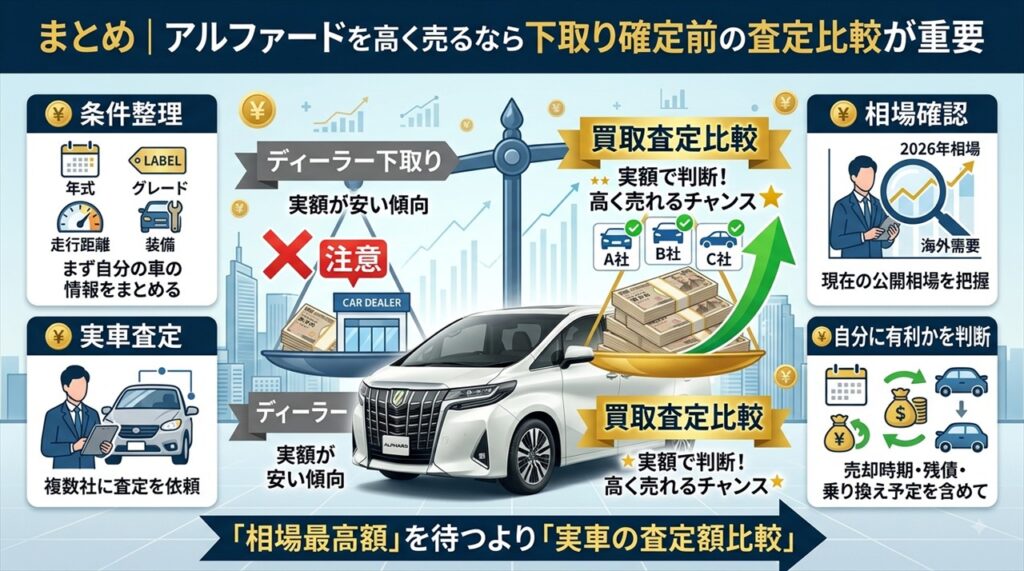 まとめ|アルファードを高く売るなら下取り確定前の査定比較が重要