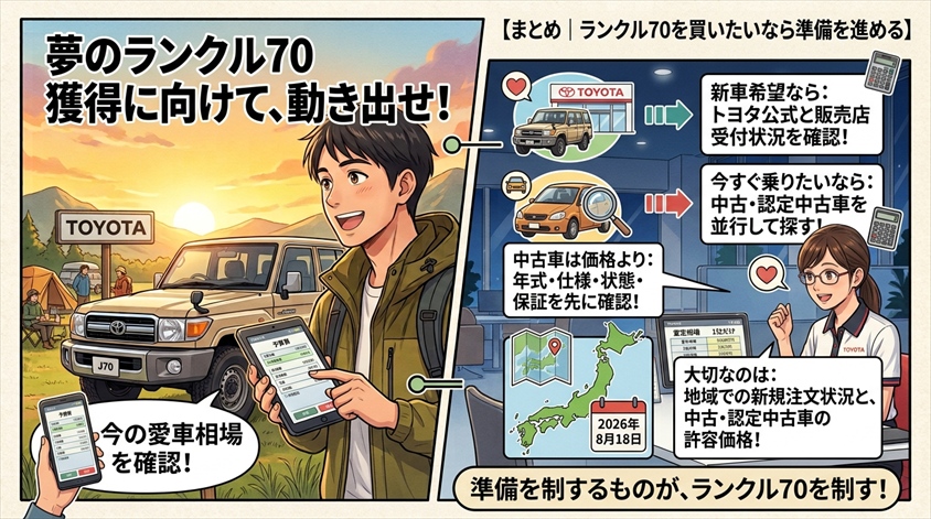 まとめ|ランクル70を買いたいなら「待つ」だけでなく準備を進める