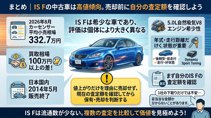 まとめ|IS Fの中古車は高値傾向。売却前に自分の査定額を確認しよう