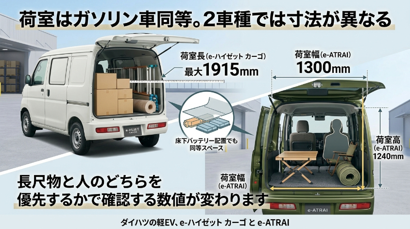 荷室はガソリン車同等。2車種では寸法が異なる