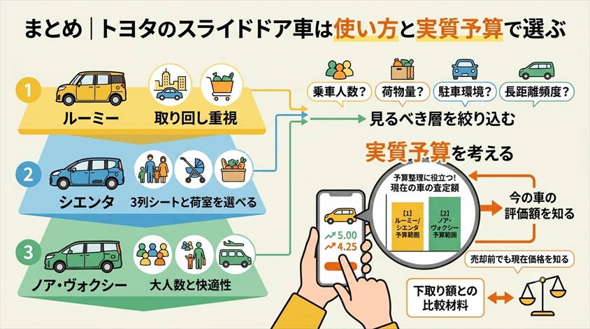 まとめ|トヨタのスライドドア車は使い方と実質予算で選ぶ