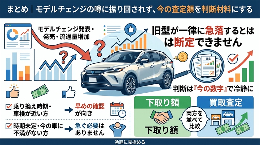 まとめ｜モデルチェンジの噂に振り回されず、今の査定額を判断材料にする