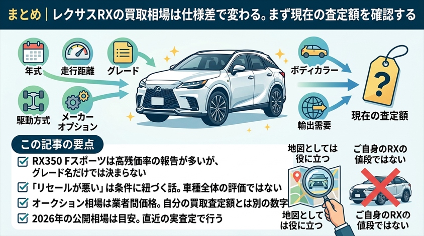 まとめ|レクサスRXの買取相場は仕様差で変わる。まず現在の査定額を確認する