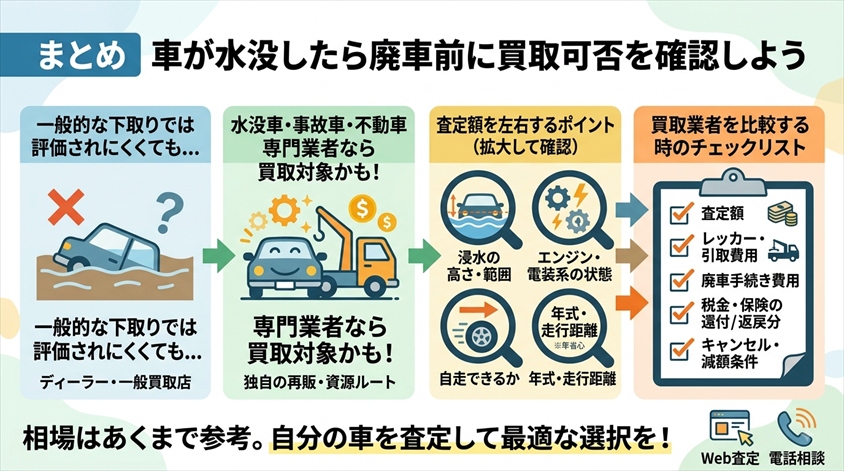 まとめ 車が水没したら廃車前に買取可否を確認しよう