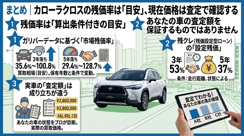 まとめ｜カローラクロスの残価率は「目安」、現在価格は査定で確認する