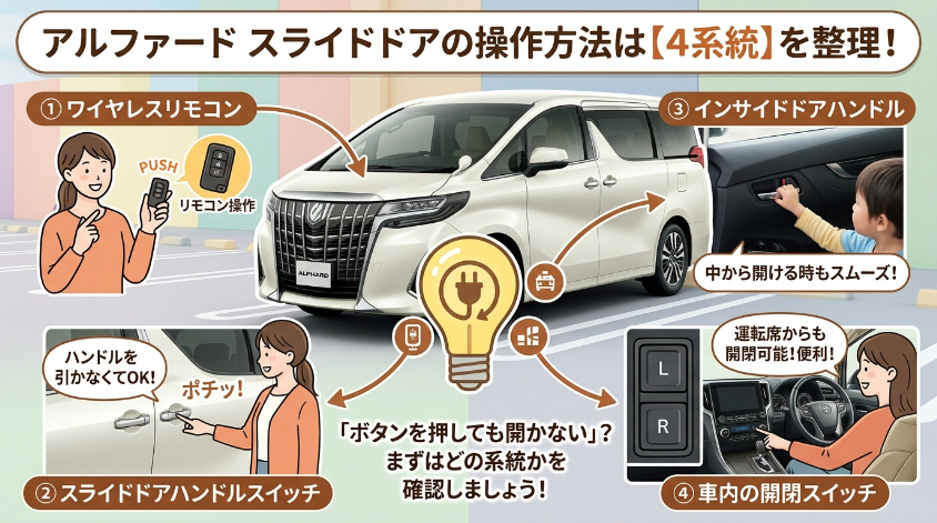 アルファードのスライドドアボタンの操作方法【4系統を整理】