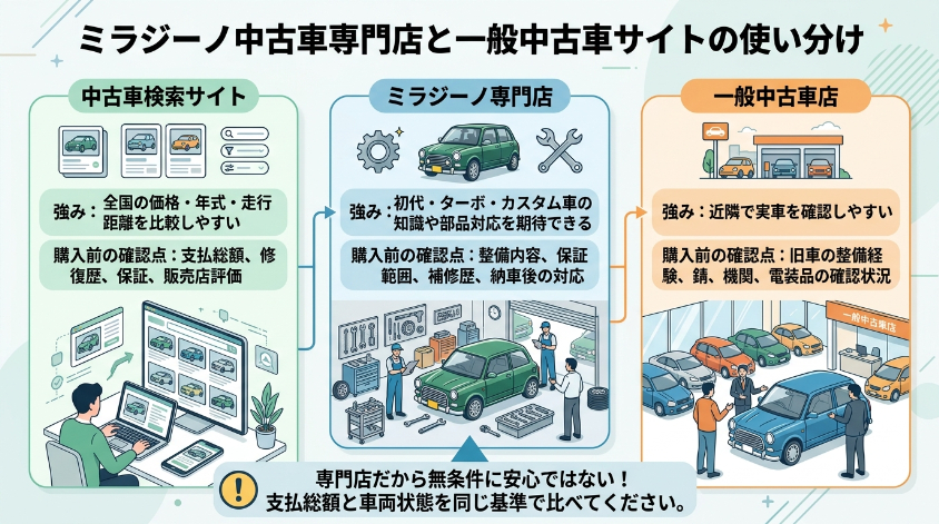 ミラジーノ中古車専門店と一般中古車サイトの使い分け