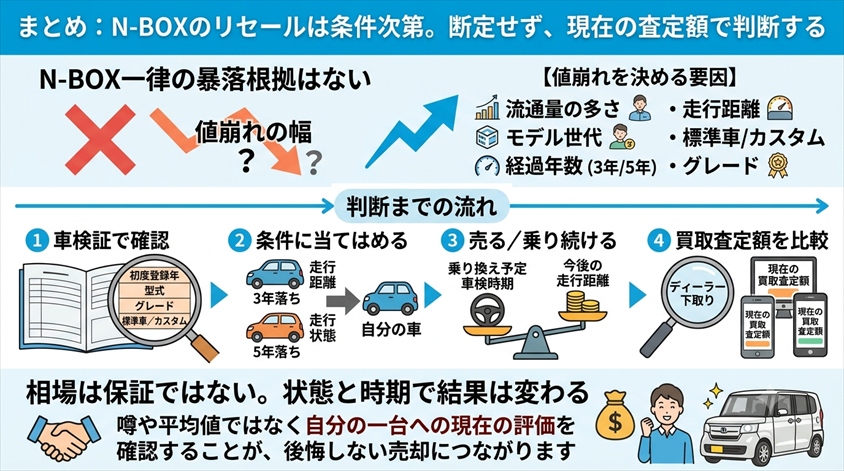 まとめ:N-BOXのリセールは条件次第。断定せず、現在の査定額で判断する