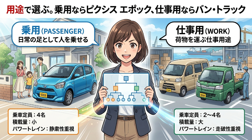 用途で選ぶ。乗用ならピクシス エポック、仕事用ならバン・トラック