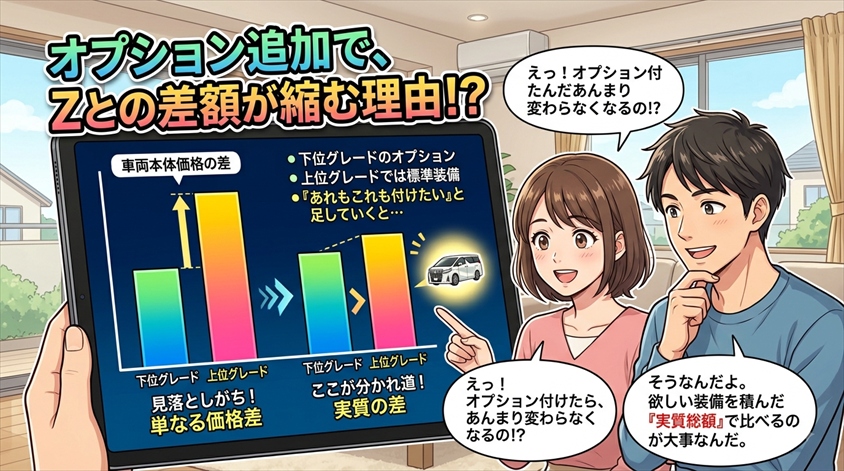 オプションを追加すると総額はどう変わるか|Zとの差額が縮むケース