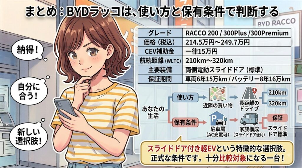 まとめ:BYDラッコは価格だけでなく、使い方と保有条