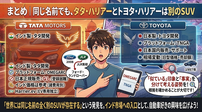 まとめ|同じ名前でも、タタ・ハリアーとトヨタ・ハリアーは別のSUV