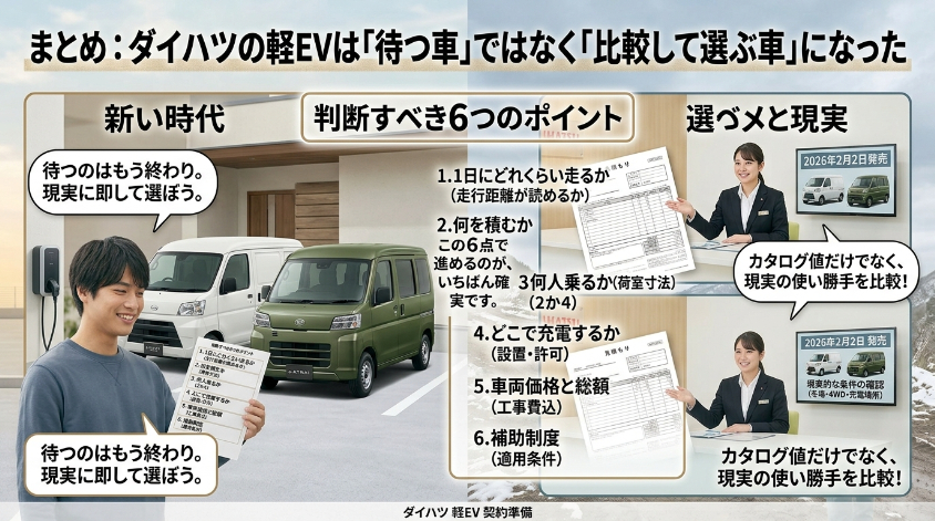 まとめ：ダイハツの軽EVは「待つ車」ではなく「比較して選ぶ車」になった
