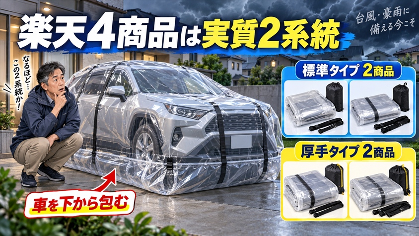車の浸水防止カバーを比較｜楽天4商品は実質2系統