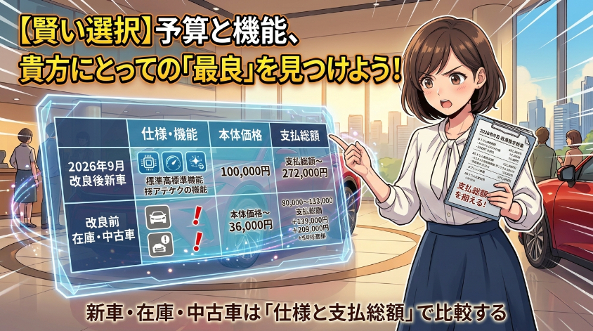 新車・改良前在庫・中古車は「仕様と支払総額」で比較する