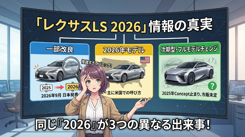 「レクサスLS 2026」で語られる情報を仕分ける——「一部改良」「2026年モデル」「次期型」は同じ出来事ではない