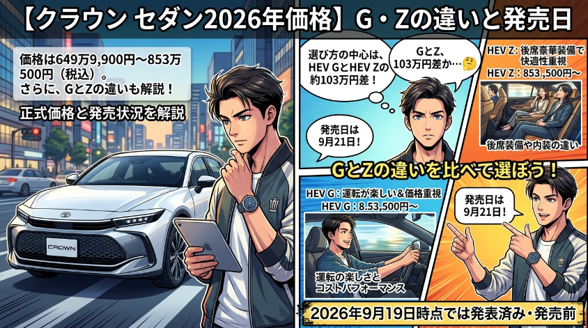 クラウン セダン2026年価格は649万9,900円〜853万500円