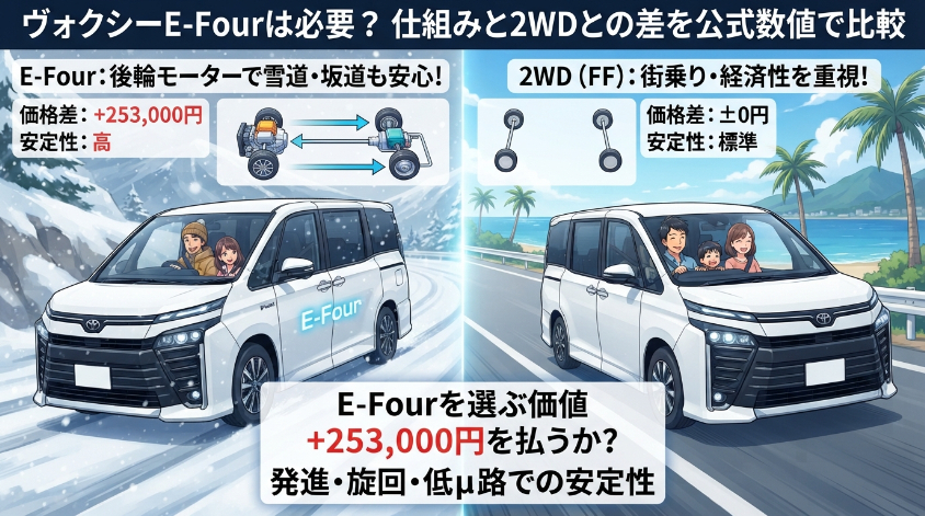ヴォクシーE-Fourは必要?仕組みと2WDとの差を公式数値で比較