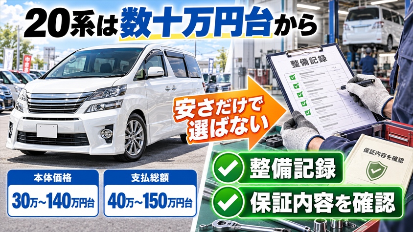 20系ヴェルファイアは数十万円台から狙えるが整備履歴を優先する