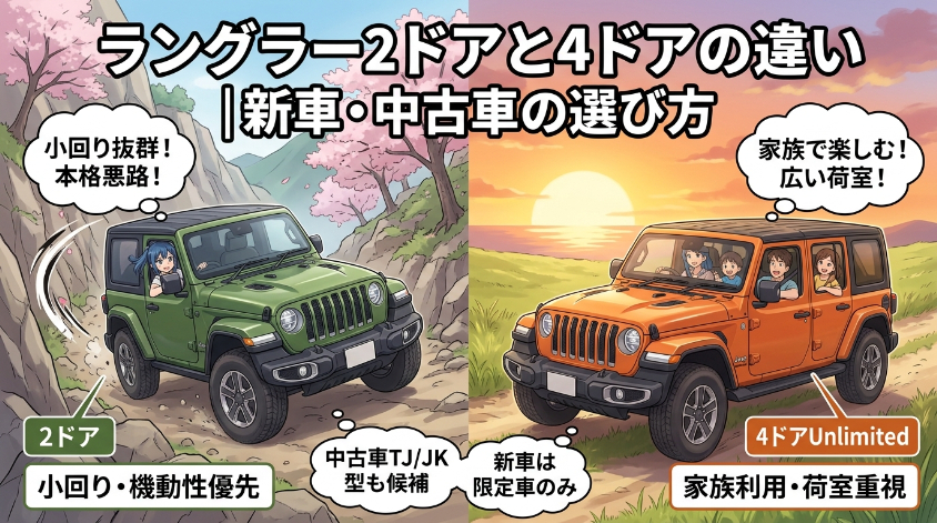 ラングラー2ドアと4ドアの違い|新車・中古車の選び方