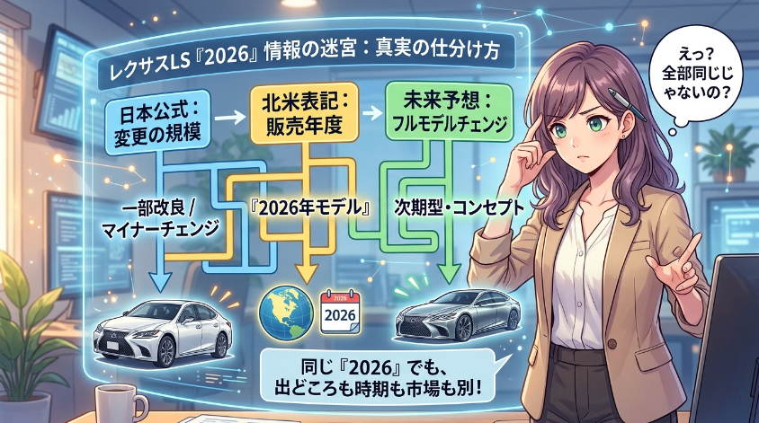 レクサスLSの「2026年モデル」「一部改良」「次期型」は別の情報