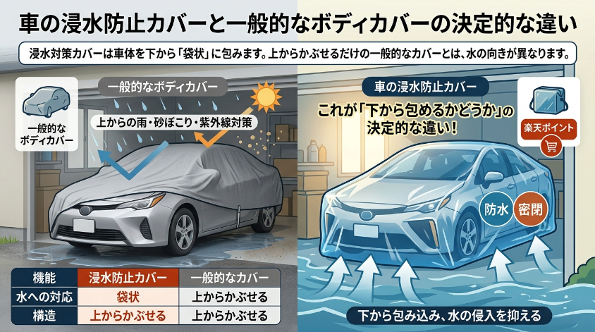 車の浸水防止カバーとは？一般的なボディカバーとの違い