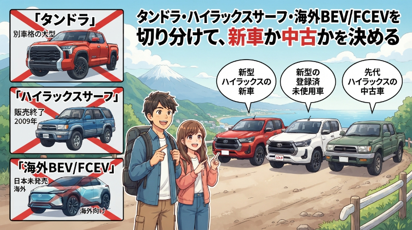 タンドラ・ハイラックスサーフ・海外BEV/FCEVを切り分けて、新車か中古かを決める
