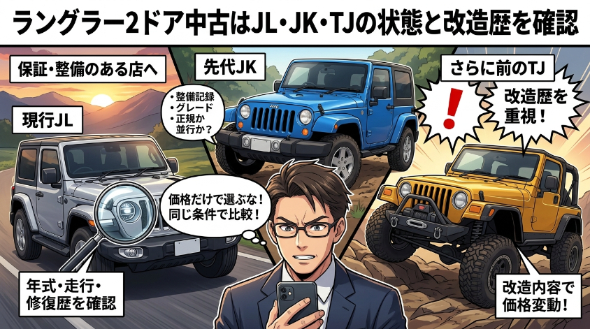 ラングラー2ドア中古はJL・JK・TJの状態と改造歴を確認