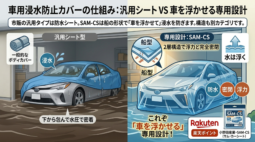 車用浸水防止カバーの仕組みと、車を浮かせる専用設計との違い