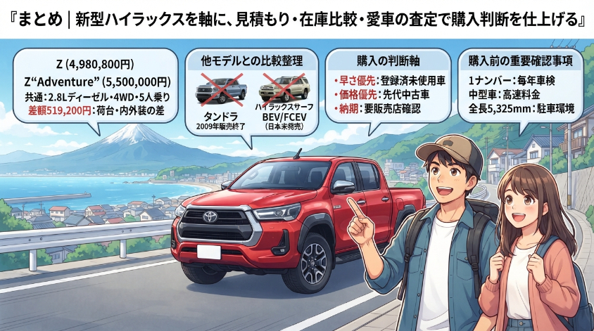 まとめ|新型ハイラックスを軸に、見積もり・在庫比較・愛車の査定で購入判断を仕上げる