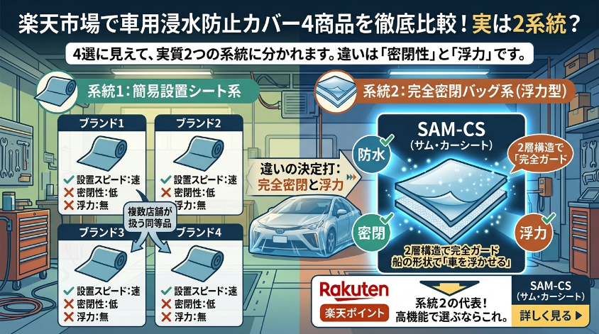 楽天市場で見つかる車用浸水防止カバー4商品を比較する