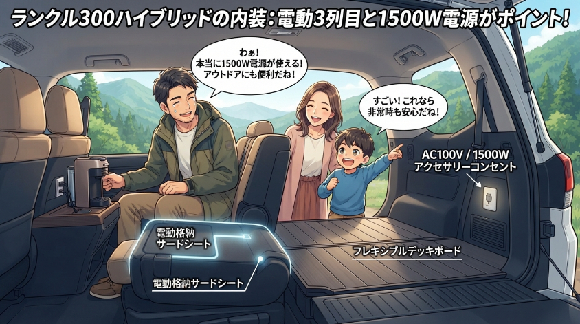 ランクル300ハイブリッドの内装｜電動3列目と1500W電源がポイント