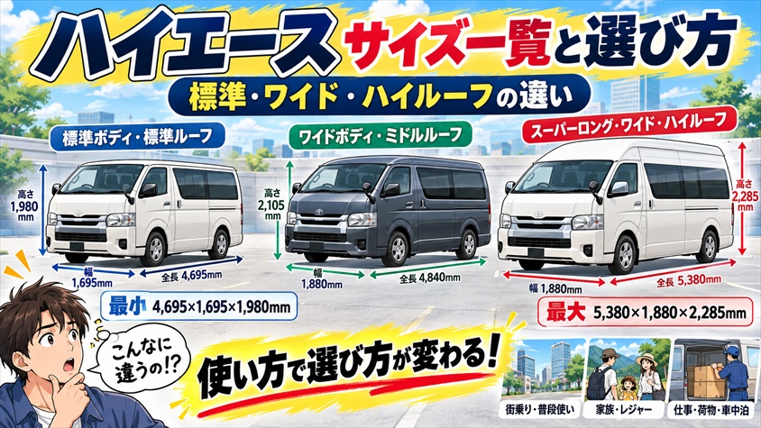 ハイエース サイズ一覧と選び方｜標準・ワイド・ハイルーフの違い
