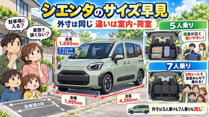 【公式値】シエンタのサイズ早見｜外寸と5人乗り/7人乗りの室内の違い