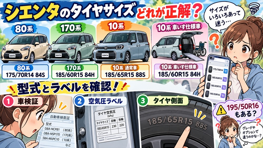 シエンタ タイヤサイズ一覧｜80系・170系・10系の純正を型式別に整理