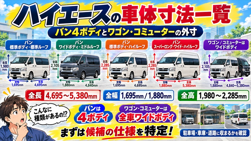 ハイエースの車体寸法一覧|バン4ボディとワゴン・コミューターの外寸