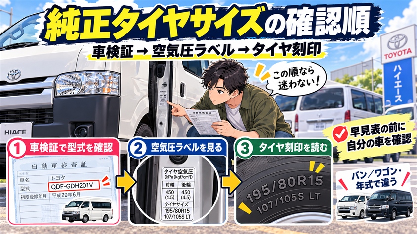 ハイエースの純正タイヤサイズは「車検証→空気圧ラベル→タイヤ刻印」の順で確かめる