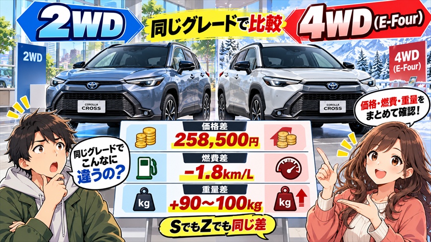 2WDとE-Fourを同一グレードで並べると、価格・燃費・重量はこれだけ違う